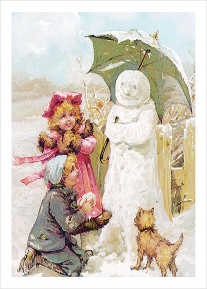 Children with snowman and umbrella