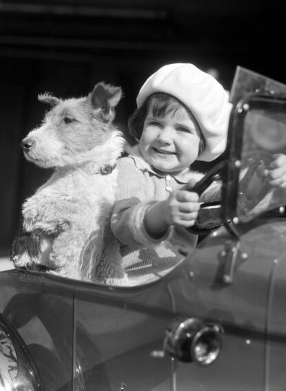 Little girl and dog in toy car