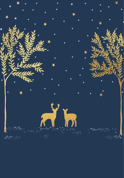 Trees & Deer Gold Foiled Christmas Card
